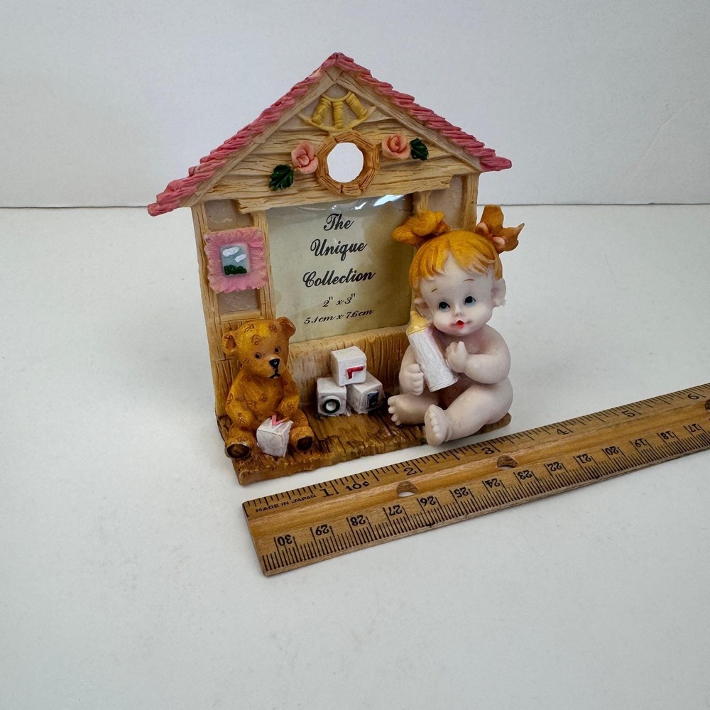 Vtg Small Miniature White Baby Girl Teddy Bear Tabletop Picture Frame Nursery